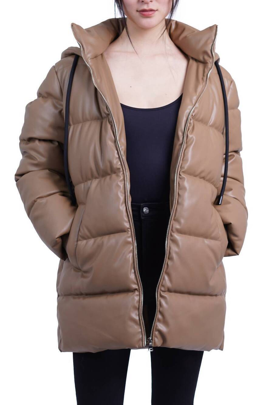 NEW LOVE TOKEN bianka zip front puffer coat in camel